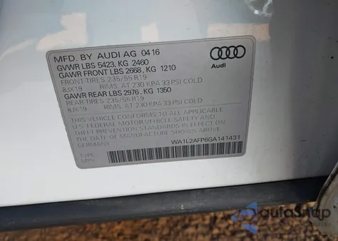 2016 Audi Q5 2.0T Premium z USA, uszkodzony, nr VIN WA1L2AFP6GA141431